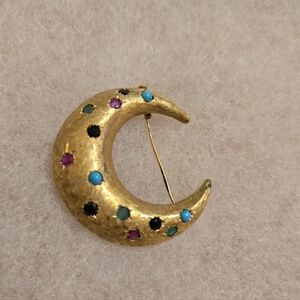 Gold Crescent Moon Brooch with Colorful Accents